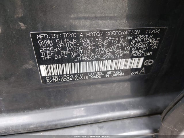 2005 Lexus Ls 430 მანქანა იყიდება აუქციონზე, vin: JTHBN36F955005715, აუქციონის ნომერი: 44772787