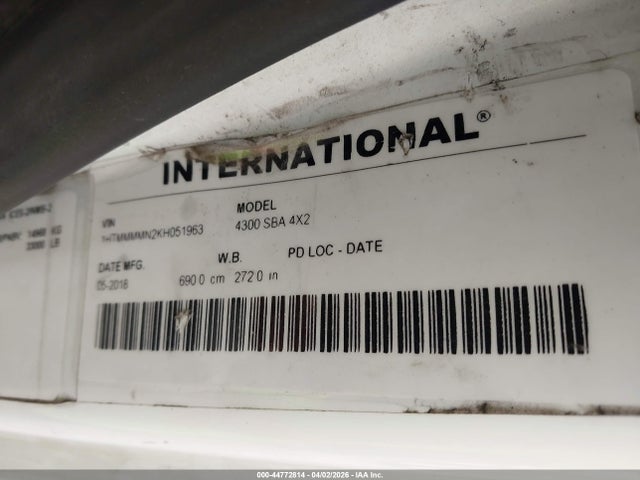 44772814 :رقم المزاد ، 1HTMMMMN2KH051963 vin ، 2019 International Durastar 4300 مزاد بيع
