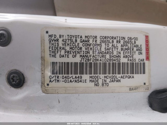 2001 TOYOTA CAMRY JT2BF28K410289452 Photo 8