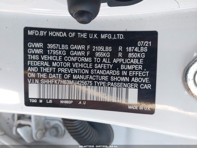 Aukcja sprzedaży 2021 Honda Civic Ex, vin: SHHFK7H63MU425675, numer aukcji: 44772826