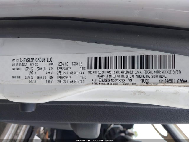 Продаж на аукціоні авто 2012 Ram 1500 St, vin: 3C6JD6DK4CG219722, номер лоту: 44772829