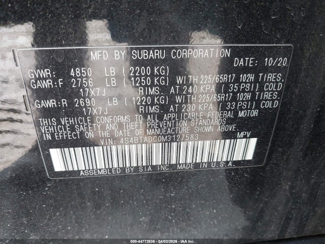 44772836 :رقم المزاد ، 4S4BTADC0M3127583 vin ، 2021 Subaru Outback Premium مزاد بيع