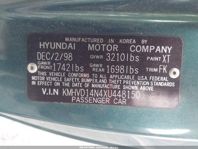 44772849 :رقم المزاد ، KMHVD14N4XU448150 vin ، 1999 Hyundai Accent L مزاد بيع
