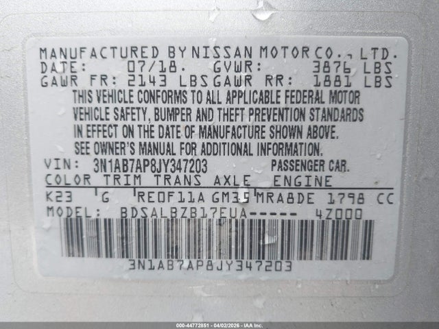 2018 Nissan Sentra S მანქანა იყიდება აუქციონზე, vin: 3N1AB7AP8JY347203, აუქციონის ნომერი: 44772851