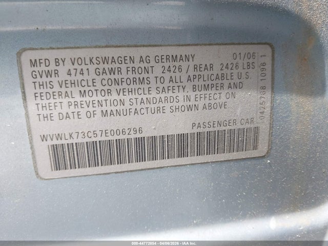2007 Volkswagen Passat 2.0t მანქანა იყიდება აუქციონზე, vin: WVWLK73C57E006296, აუქციონის ნომერი: 44772854
