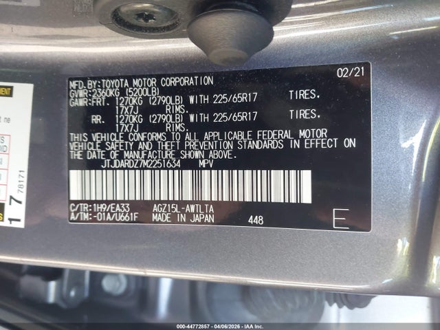 Aukcja sprzedaży 2021 Lexus Nx 300, vin: JTJDARDZ7M2251634, numer aukcji: 44772857
