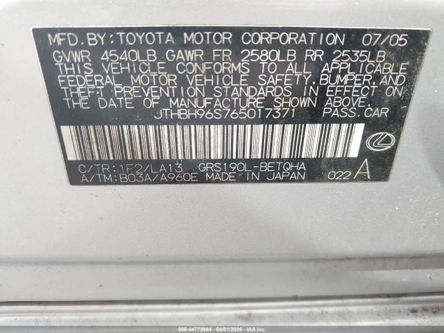 Aukcja sprzedaży 2006 Lexus Gs 300, vin: JTHBH96S765017371, numer aukcji: 44772864