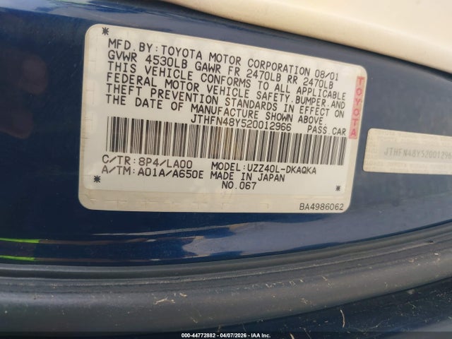 44772882 :رقم المزاد ، JTHFN48Y520012966 vin ، 2002 Lexus Sc 430 مزاد بيع