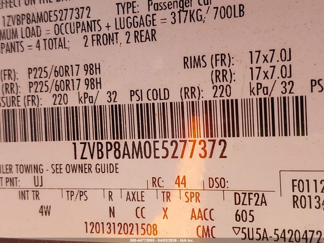 44772885 :رقم المزاد ، 1ZVBP8AM0E5277372 vin ، 2014 Ford Mustang V6 Premium مزاد بيع