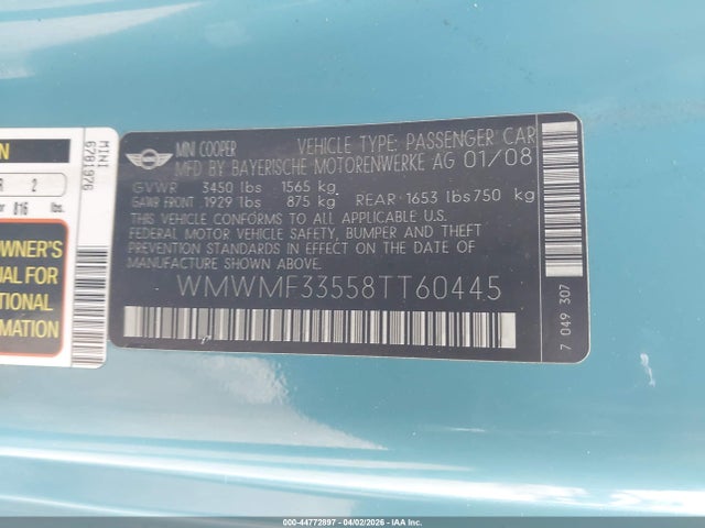 2008 MINI COOPER WMWMF33558TT60445 Photo 8