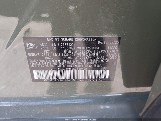 Aukcja sprzedaży 2025 Subaru Crosstrek Limited, vin: 4S4GUHM60S3749409, numer aukcji: 44772902