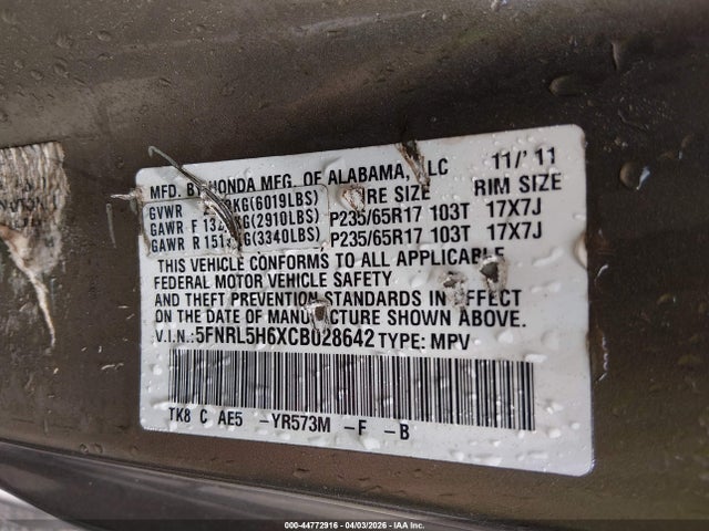 2012 Honda Odyssey Ex-l მანქანა იყიდება აუქციონზე, vin: 5FNRL5H6XCB028642, აუქციონის ნომერი: 44772916