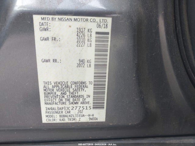 2018 Nissan Altima 2.5 Sr მანქანა იყიდება აუქციონზე, vin: 1N4AL3AP3JC277515, აუქციონის ნომერი: 44772919