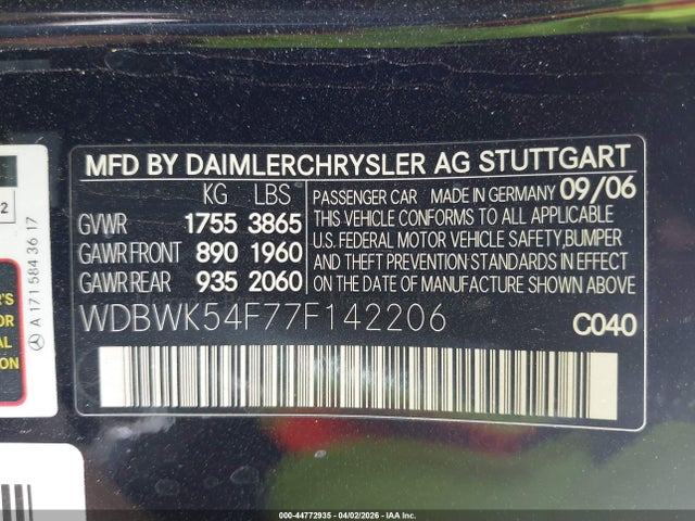 Продажа на аукционе авто 2007 Mercedes-benz Slk 280, vin: WDBWK54F77F142206, номер лота: 44772935