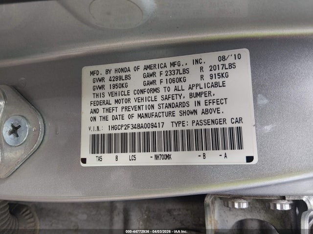 Продажа на аукционе авто 2011 Honda Accord 2.4 Lx, vin: 1HGCP2F34BA009417, номер лота: 44772936