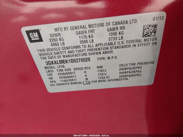 Aukcja sprzedaży 2013 Gmc Terrain Sle-1, vin: 2GKALMEK1D6270028, numer aukcji: 44772949