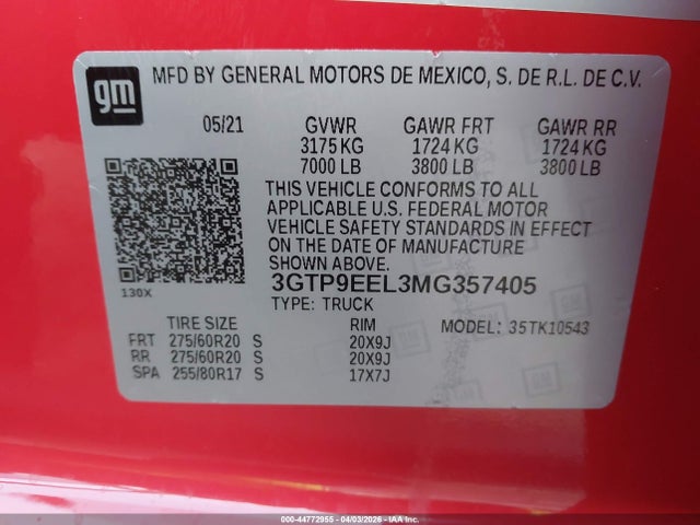 Продажа на аукционе авто 2021 Gmc Sierra 1500 4wd  Short Box At4, vin: 3GTP9EEL3MG357405, номер лота: 44772955