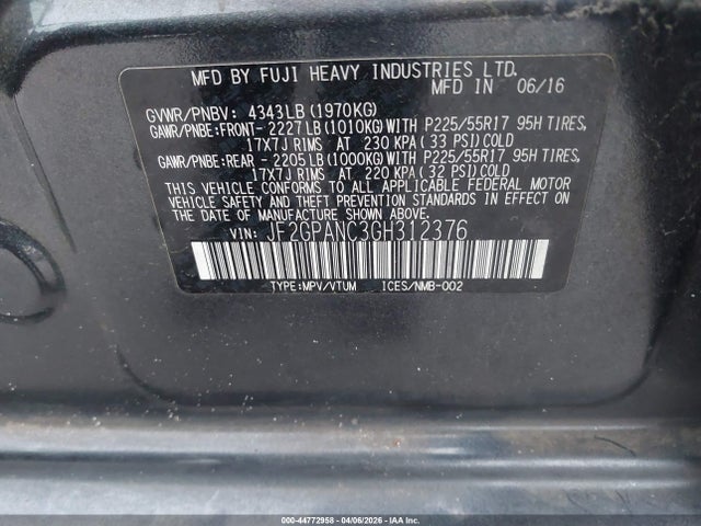44772958 :رقم المزاد ، JF2GPANC3GH312376 vin ، 2016 Subaru Crosstrek 2.0i Limited مزاد بيع