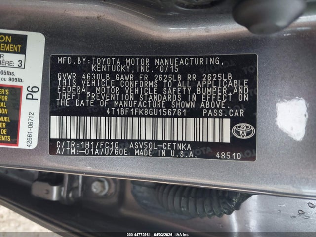44772961 :رقم المزاد ، 4T1BF1FK8GU156761 vin ، 2016 Toyota Camry Le مزاد بيع