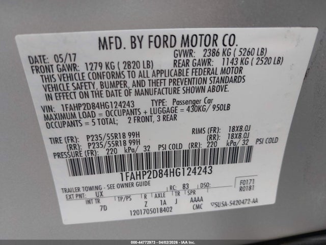 Ford TAURUS SE 2017 1FAHP2D84HG124243 Image 9