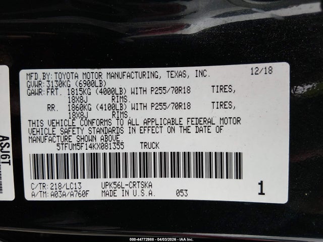 44772988 :رقم المزاد ، 5TFUM5F14KX081355 vin ، 2019 Toyota Tundra Sr 4.6l V8 مزاد بيع
