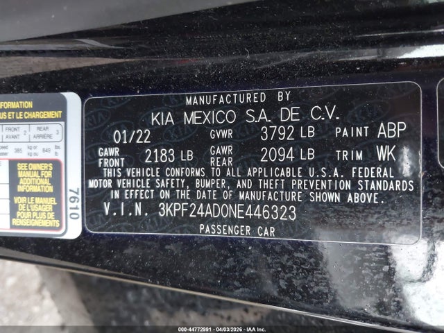 44772991 :رقم المزاد ، 3KPF24AD0NE446323 vin ، 2022 Kia Forte Lxs مزاد بيع