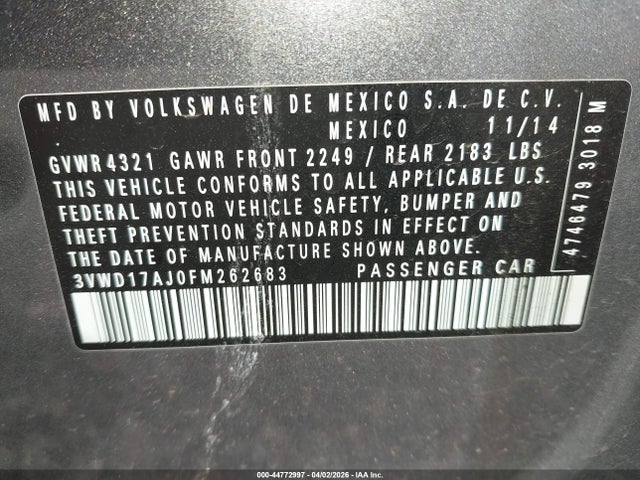 2015 Volkswagen Jetta 1.8t Se მანქანა იყიდება აუქციონზე, vin: 3VWD17AJ0FM262683, აუქციონის ნომერი: 44772997