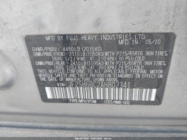 2010 Subaru Forester 2.5x მანქანა იყიდება აუქციონზე, vin: JF2SH6BC2AH802341, აუქციონის ნომერი: 44773007