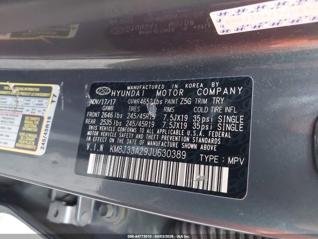 2018 Hyundai Tucson Limited მანქანა იყიდება აუქციონზე, vin: KM8J33A29JU630389, აუქციონის ნომერი: 44773010