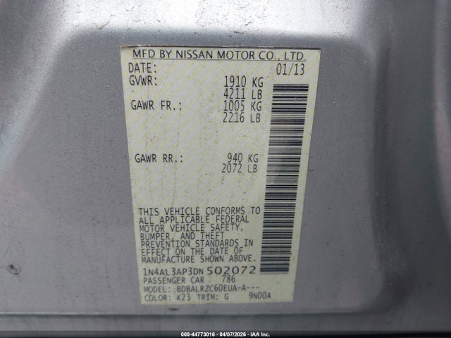 Aukcja sprzedaży 2013 Nissan Altima 2.5 S, vin: 1N4AL3AP3DN502072, numer aukcji: 44773016