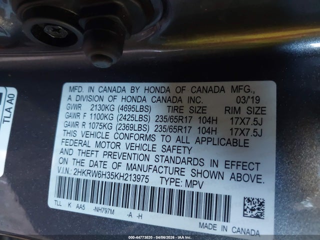 2019 Honda Cr-v Lx მანქანა იყიდება აუქციონზე, vin: 2HKRW6H35KH213975, აუქციონის ნომერი: 44773020