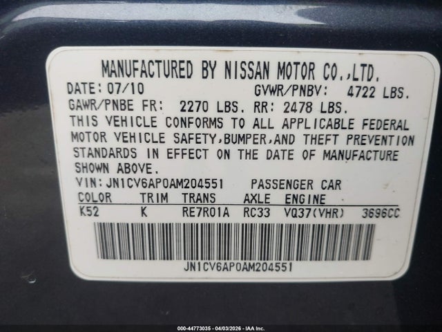 2010 Infiniti G37 Journey მანქანა იყიდება აუქციონზე, vin: JN1CV6AP0AM204551, აუქციონის ნომერი: 44773035