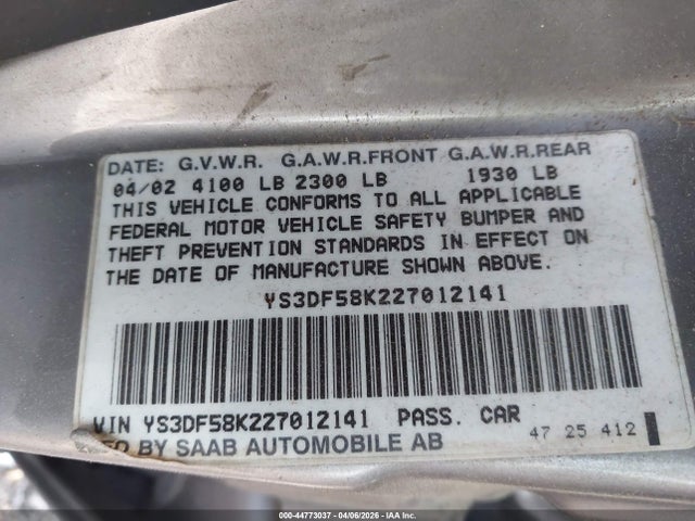 2002 SAAB 9-3 YS3DF58K227012141 Photo 8