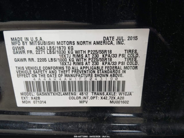 44773060 :رقم المزاد ، 4A4AR4AW1FE043190 vin ، 2015 Mitsubishi Outlander Sport Gt مزاد بيع