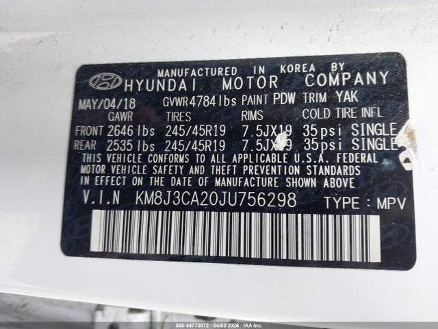 Aukcja sprzedaży 2018 Hyundai Tucson Value, vin: KM8J3CA20JU756298, numer aukcji: 44773072