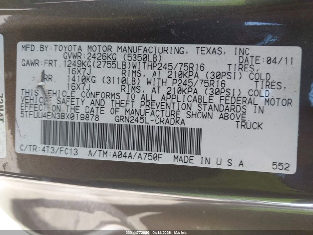 44773080 :رقم المزاد ، 5TFUU4EN3BX019878 vin ، 2011 Toyota Tacoma Base V6 مزاد بيع