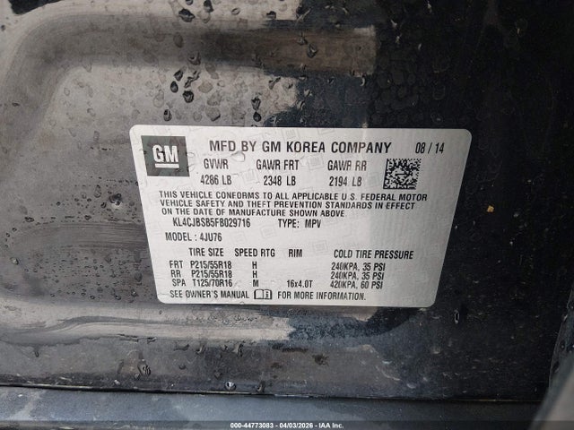 Aukcja sprzedaży 2015 Buick Encore Convenience, vin: KL4CJBSB5FB029716, numer aukcji: 44773083