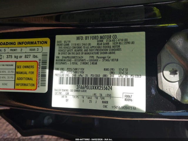 2019 Ford Fusion Hybrid Se მანქანა იყიდება აუქციონზე, vin: 3FA6P0LUXKR255624, აუქციონის ნომერი: 44773092