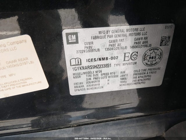 2017 Cadillac Xt5 მანქანა იყიდება აუქციონზე, vin: 1GYKNARS9HZ233851, აუქციონის ნომერი: 44773094