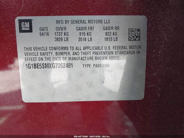 1G1BE5SMXG7262481 Chevrolet Cruze Lt Auto