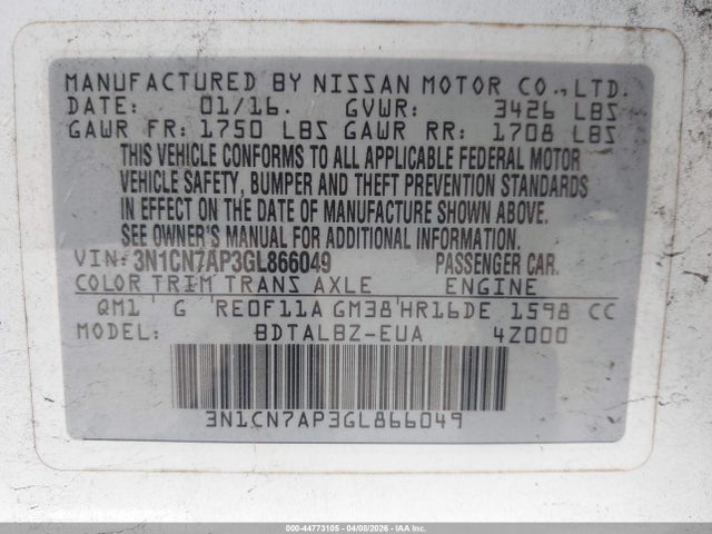 Aukcja sprzedaży 2016 Nissan Versa 1.6 S/1.6 S+/1.6 Sl/1.6 Sv, vin: 3N1CN7AP3GL866049, numer aukcji: 44773105