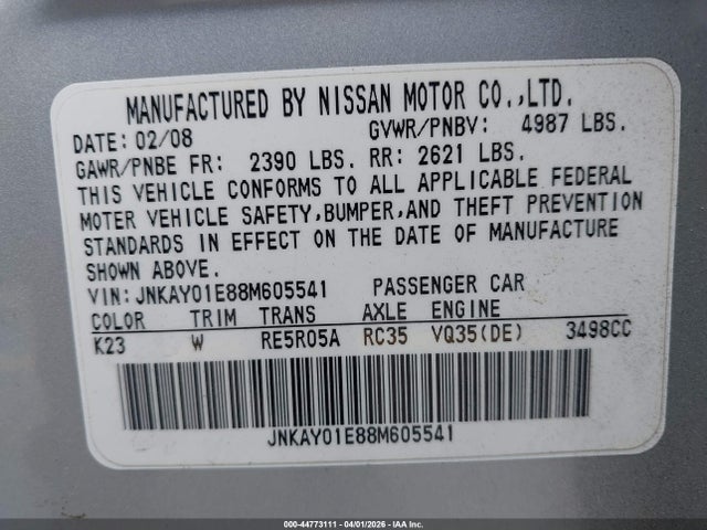 Aukcja sprzedaży 2008 Infiniti M35, vin: JNKAY01E88M605541, numer aukcji: 44773111
