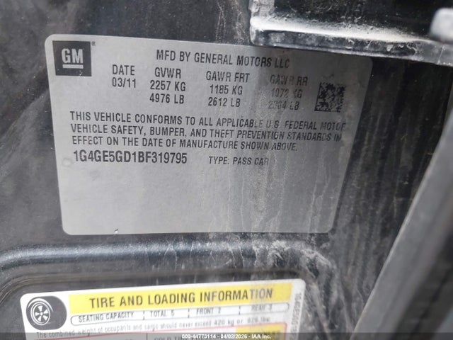 44773114 :رقم المزاد ، 1G4GE5GD1BF319795 vin ، 2011 Buick Lacrosse Cxs مزاد بيع
