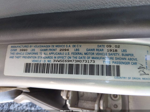 Aukcja sprzedaży 2003 Volkswagen Jetta Gls 1.8t, vin: 3VWSE69M73M073173, numer aukcji: 44773119
