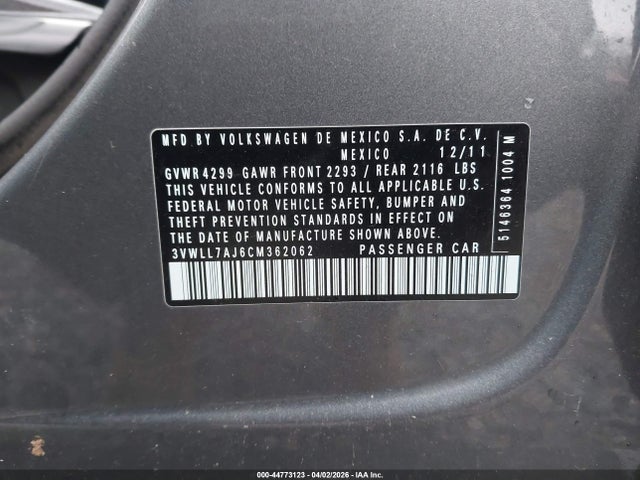 Продажа на аукционе авто 2012 Volkswagen Jetta 2.0l Tdi, vin: 3VWLL7AJ6CM362062, номер лота: 44773123