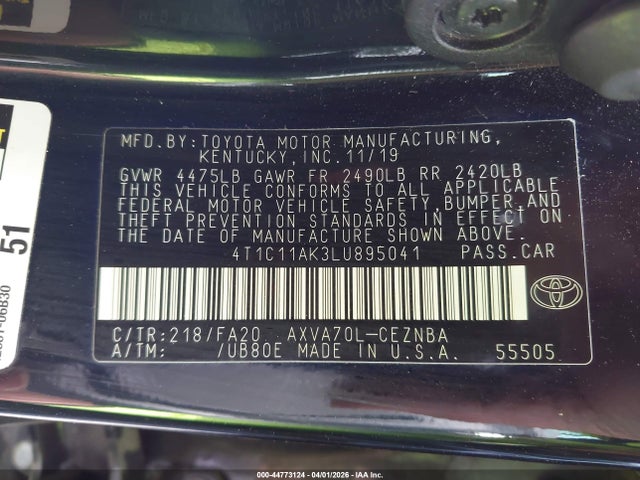 2020 TOYOTA CAMRY 4T1C11AK3LU895041 Photo 8