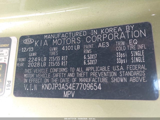 2014 Kia Soul + მანქანა იყიდება აუქციონზე, vin: KNDJP3A54E7709654, აუქციონის ნომერი: 44773136