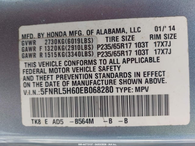 44773137 :رقم المزاد ، 5FNRL5H60EB068280 vin ، 2014 Honda Odyssey Ex-l مزاد بيع