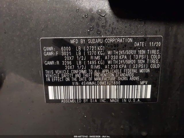 Продажа на аукционе авто 2021 Subaru Ascent Limited, vin: 4S4WMALD8M3425890, номер лота: 44773142