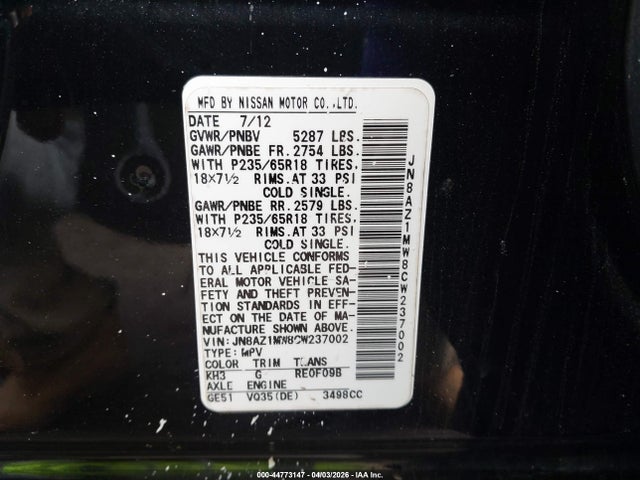 2012 NISSAN MURANO JN8AZ1MW8CW237002 Photo 8